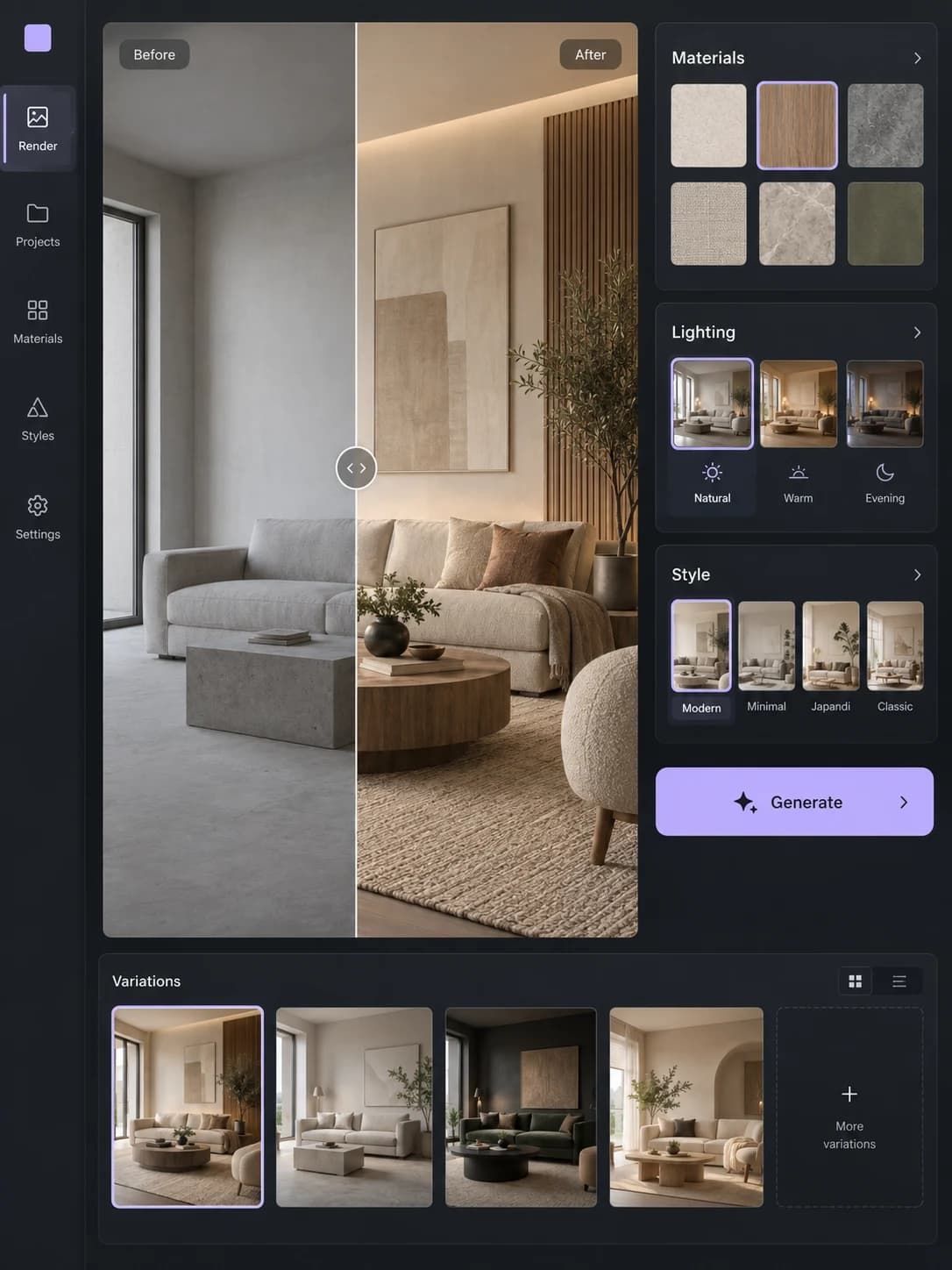 Dizzit AI workspace with a before-and-after interior render